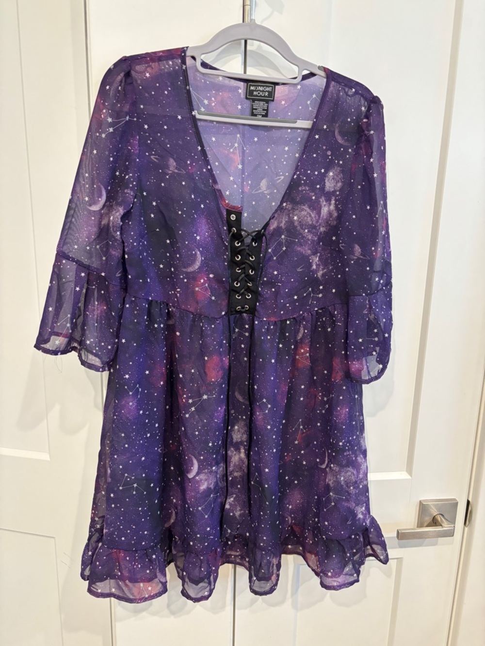Midnight Hour Cosmic Sheer Dress - Purple Starprint. Size S